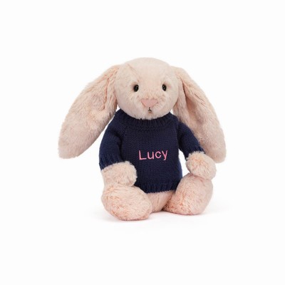 Jellycat Bashful Blush Bunny with Navy Jumper New Zealand | BFCUX6794